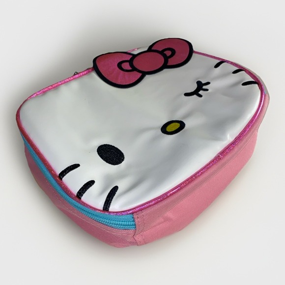 Lunch Bag Insulated HELLO KITTY Face Shape‎ White Denim Bow Pink Handle - Picture 2 of 7